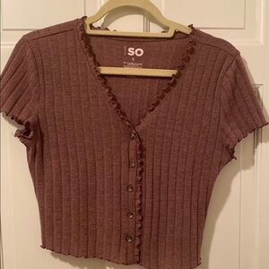 SO Pink Ribbed Button Down Shirt Short Sleeve